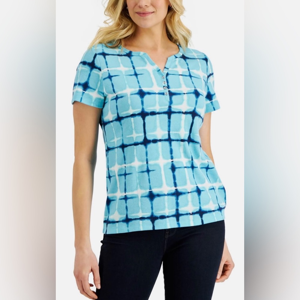 (0X:NWT) $14.99|Karen Scott Printed Split-Neck Henley, Aqua Oasis